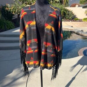Wrangler Southwestern Fringe Cardigan Kimono Open Front Aztec Print Boho S/M